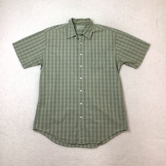 L L Bean Mens Size L Button Down Short Sleeve Pocket Shirt Green - Picture 4 of 7
